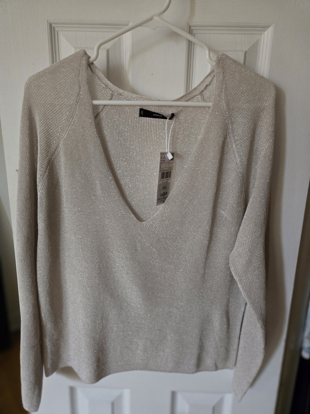 Mango Sparkle V-Neck Knit Sweater in Light Beige Never Worn.